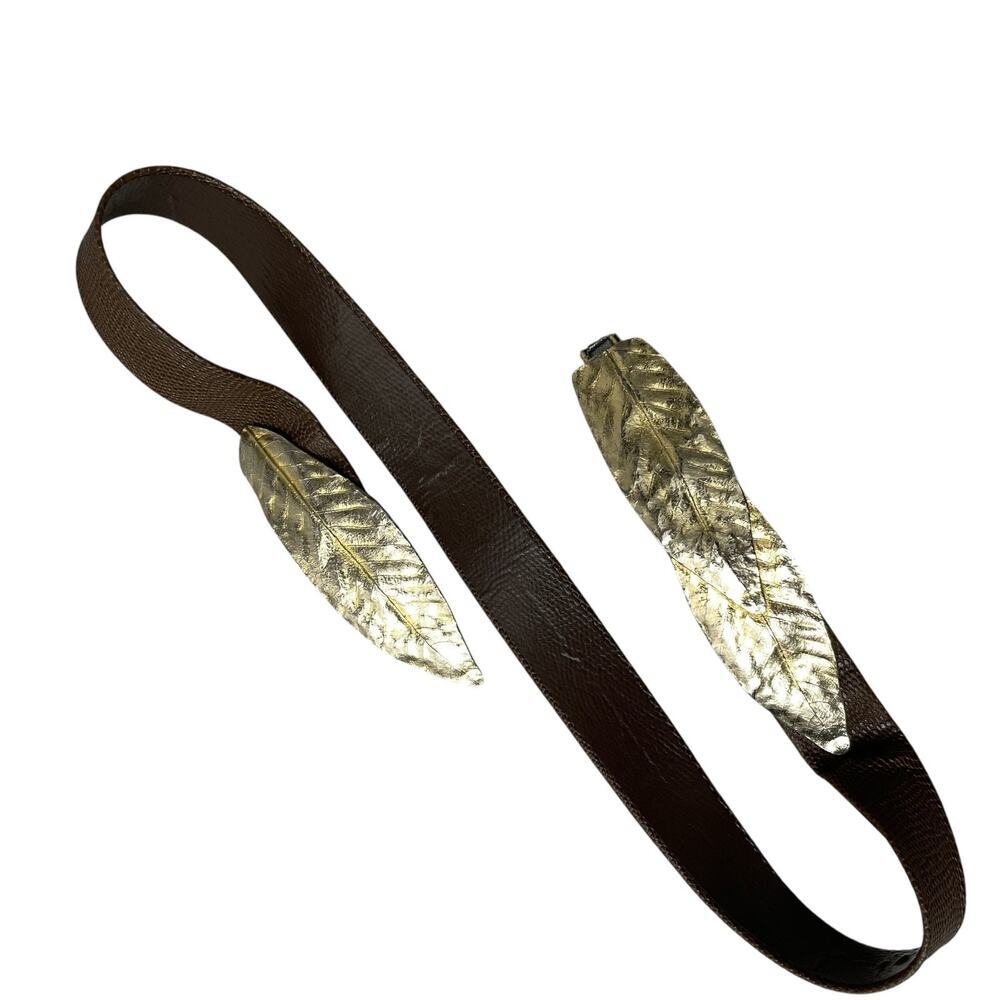 Mimi Di N Goldtone Leaf Buckle Snake Leather Belt Brown Womens Fits 30” Clasp